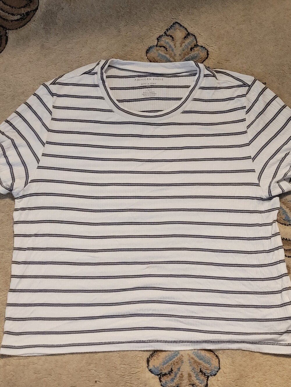 American Eagle Outfitters White & Navy Striped Crewneck T-Shirt